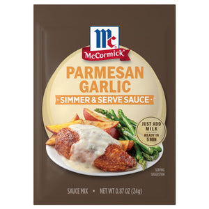 McCormick Parmesan Garlic Simmer &amp; Serve Sauce package with a serving suggestion of chicken, potatoes, and asparagus.