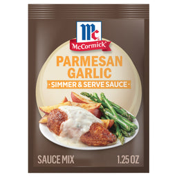A packet of McCormick Parmesan Garlic Simmer &amp; Serve Sauce Mix is displayed.