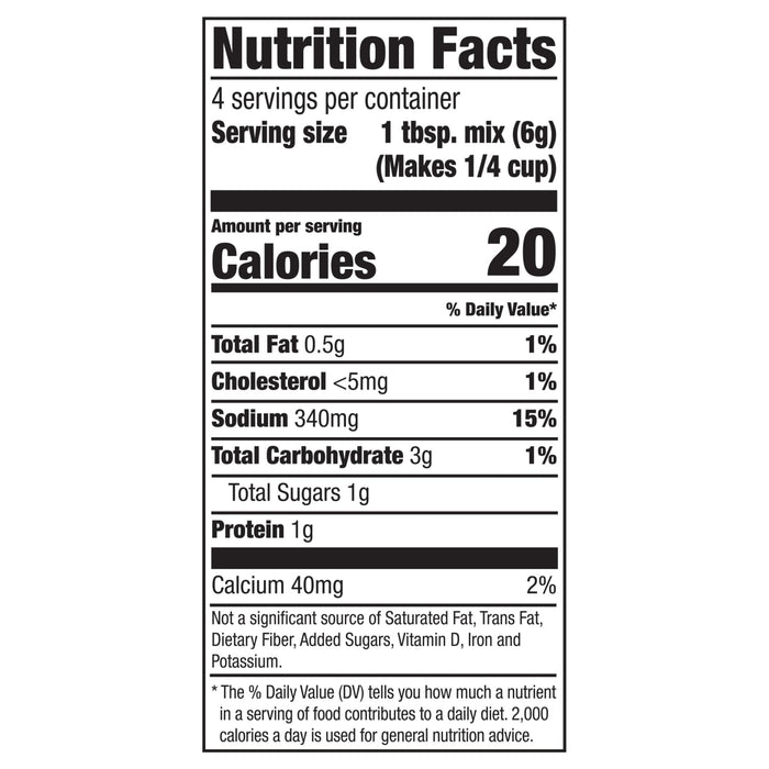 Nutrition facts label for a product with 20 calories per serving.