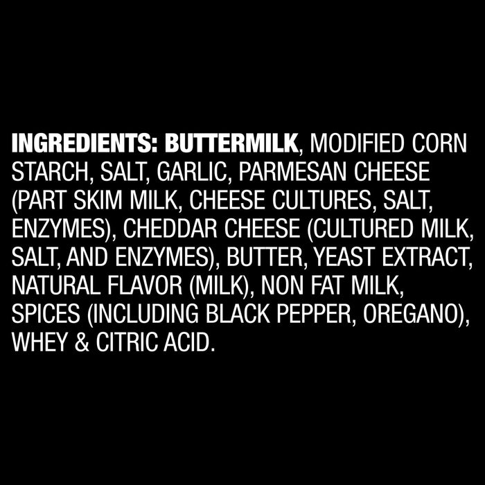 A list of ingredients for a product, including buttermilk, modified corn starch, salt, garlic, parmesan cheese, skim milk, cheddar cheese, butter, yeast extract, natural flavor, non fat milk, spices, whey and citric acid.
