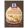 McCormick Lemon Herb Butter Sauce Mix package with a serving suggestion of chicken with lemon herb butter sauce, orzo pasta, and roasted vegetables.