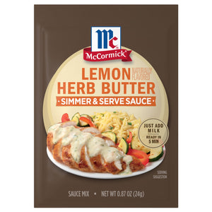 McCormick Lemon Herb Butter Sauce Mix package with a serving suggestion of chicken with lemon herb butter sauce, orzo pasta, and roasted vegetables.