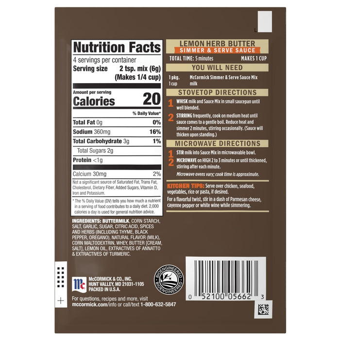 McCormick Lemon Herb Butter Simmer &amp; Serve Sauce Mix package with nutrition facts and directions.