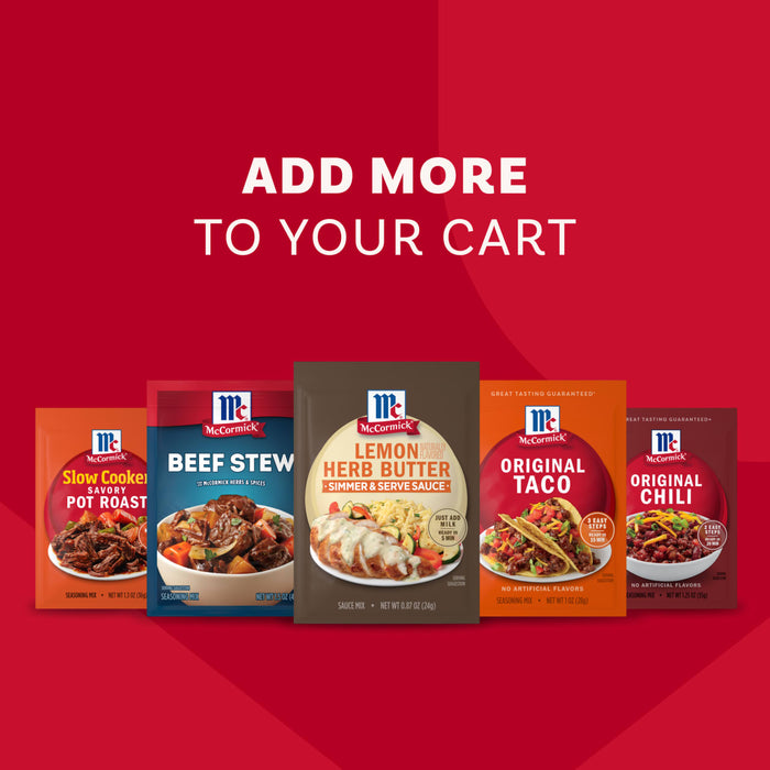 An advertisement with the text ADD MORE TO YOUR CART features a lineup of McCormick seasoning packets, including the Mccormick Lemon Herb Butter All Purpose Sauce Mix Envelope .87 Oz, to encourage shoppers to purchase more.