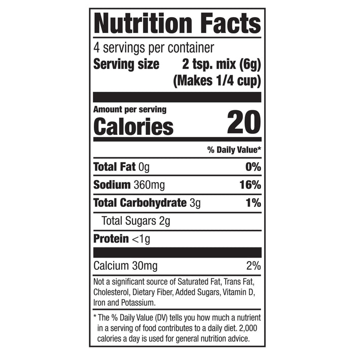 Nutrition facts label for a product with 20 calories per serving.