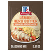 A packet of Mccormick Lemon Herb Butter All Purpose Sauce Mix Envelope .87 Oz is displayed with a serving suggestion of sliced chicken topped with the creamy sauce, served with orzo and vegetables.