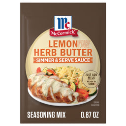 A packet of Mccormick Lemon Herb Butter All Purpose Sauce Mix Envelope .87 Oz is displayed with a serving suggestion of sliced chicken topped with the creamy sauce, served with orzo and vegetables.