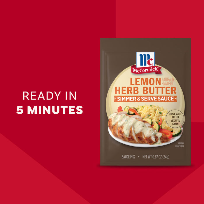 A package of Mccormick Lemon Herb Butter All Purpose Sauce Mix Envelope .87 Oz is displayed next to a serving suggestion of chicken and vegetables, against a red background highlighting that it's ready in 5 minutes.