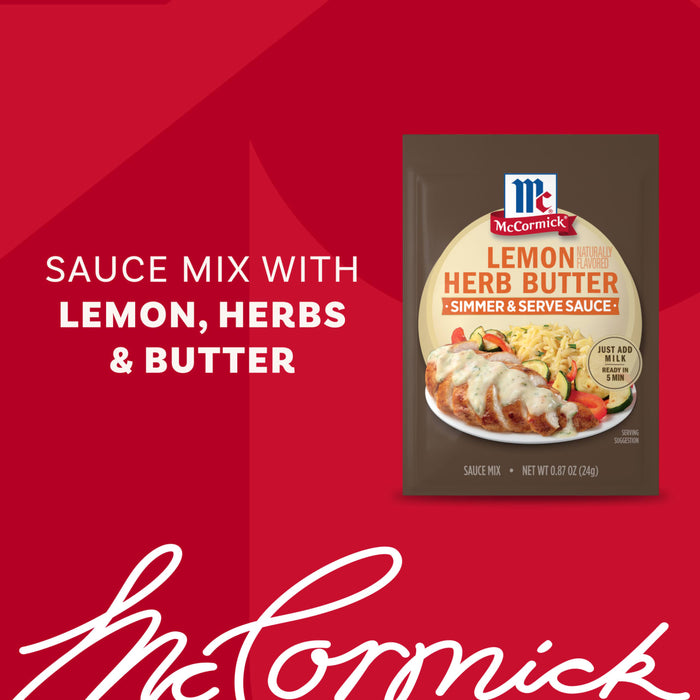 A package of Mccormick Lemon Herb Butter All Purpose Sauce Mix Envelope .87 Oz is displayed next to a serving suggestion of chicken and vegetables topped with the creamy sauce.