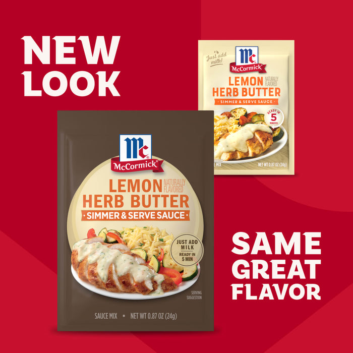 An advertisement shows the packaging transition for the Mccormick Lemon Herb Butter All Purpose Sauce Mix Envelope .87 Oz, featuring the new brown pouch next to the previous cream-colored one to highlight the new look with the same great flavor.