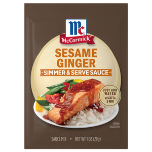McCormick Sesame Ginger Simmer &amp; Serve Sauce package with a serving suggestion of salmon, rice and vegetables.