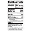 Nutrition facts label for a product with 25 calories per serving.