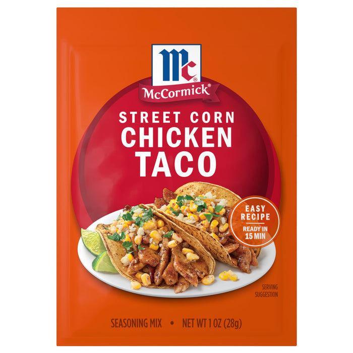 McCormick Mexican Style Street Corn Taco seasoning mix package with a serving suggestion of tacos on a white plate.