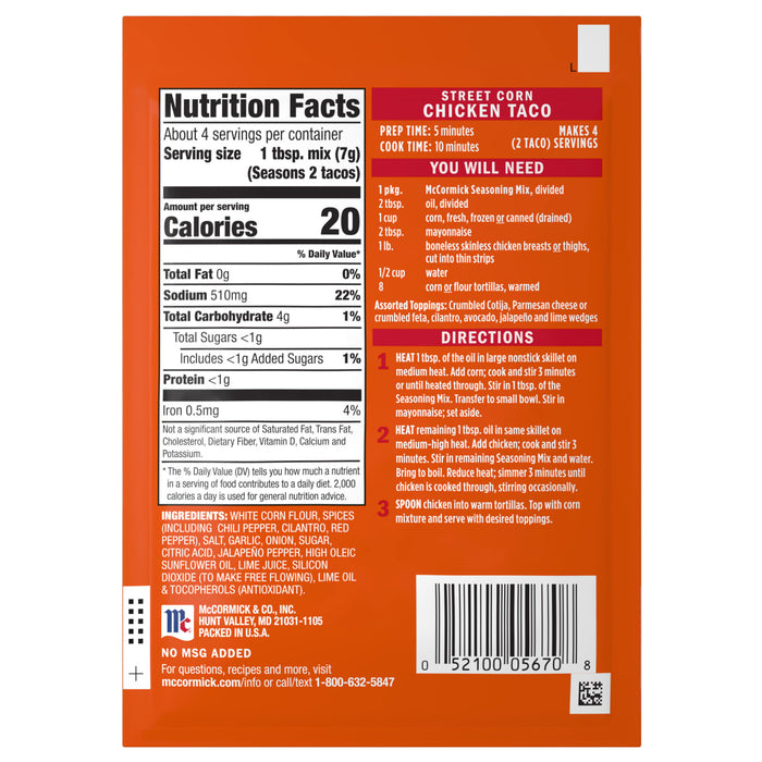 McCormick Mexican Style Street Corn Taco Seasoning Mix package with nutrition facts and directions.