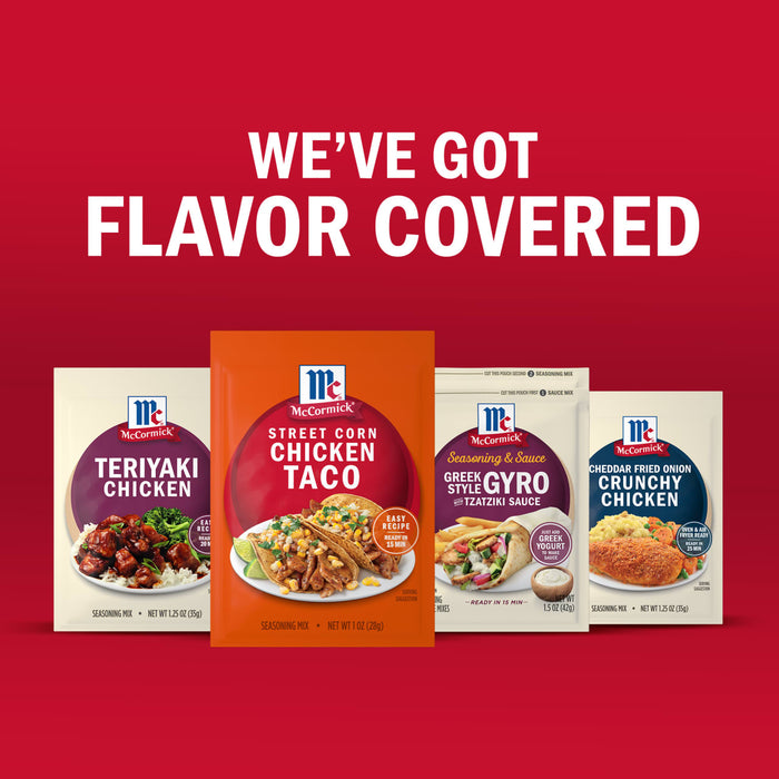 McCormick presents a variety of flavor packets for Teriyaki Chicken, Chicken Taco, Sloppy Joes, and Chicken Parmesan, under the slogan We've Got Flavor Covered.