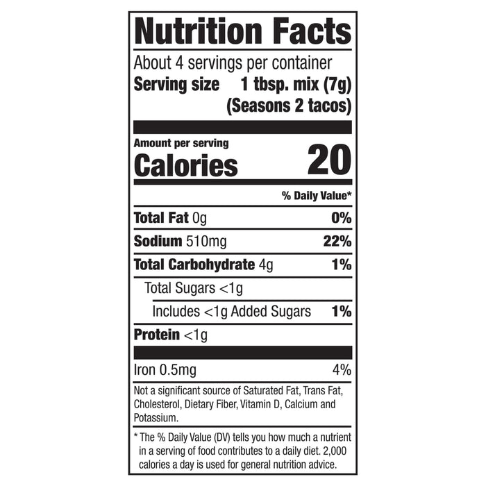 Nutrition facts label for Seasons 2 Tacos.