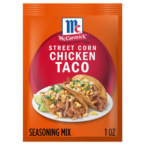 McCormick Street Corn Chicken Taco Seasoning Mix packet featuring a photo of two tacos.