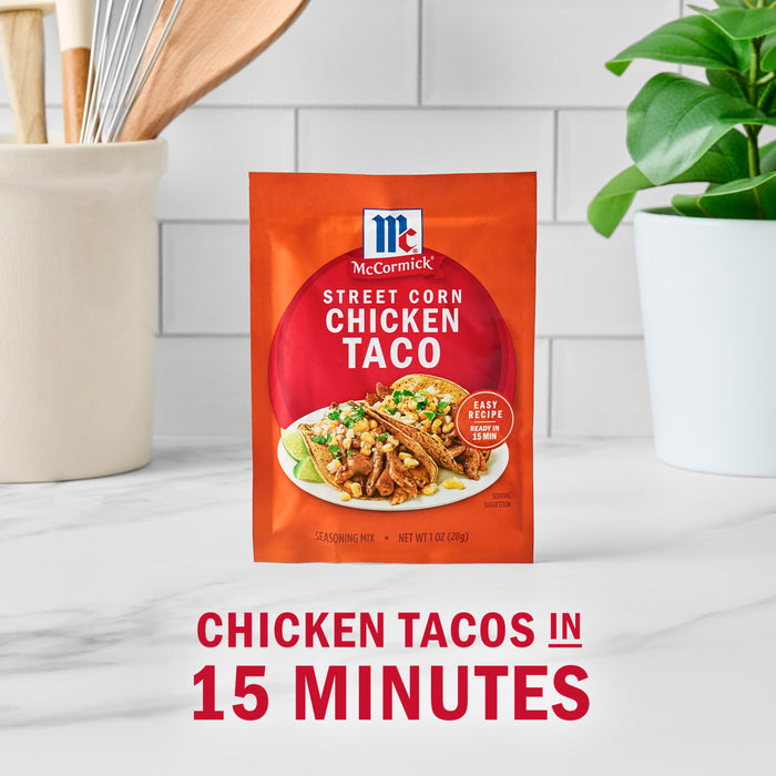 McCormick's Chicken Taco seasoning packet promises chicken tacos in 15 minutes.