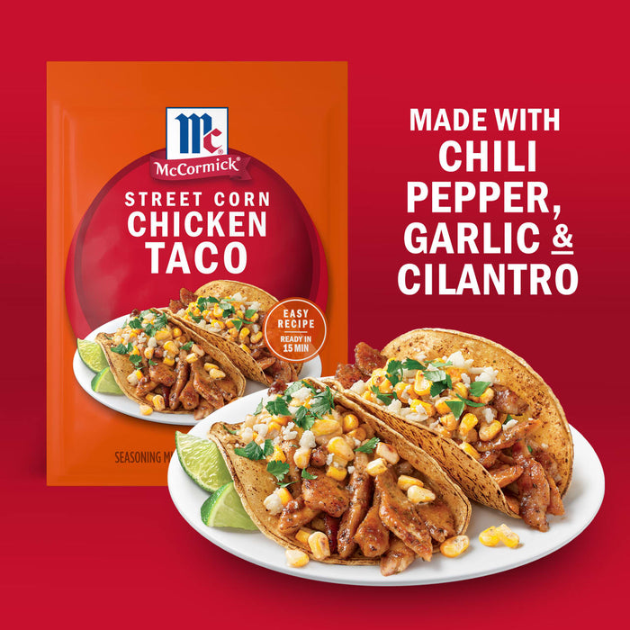 McCormick Street Corn Chicken Taco seasoning mix is shown with prepared tacos featuring chili pepper, garlic, and cilantro.