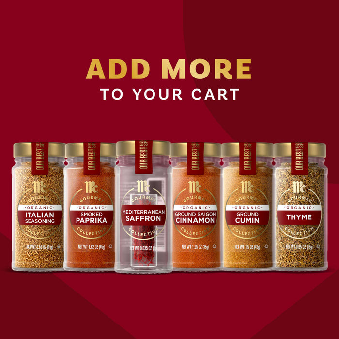 An array of McCormick Gourmet organic spices, including Mccormick Gourmet Saffron 0.035 Oz, Italian Seasoning, Smoked Paprika, Ground Saigon Cinnamon, Ground Cumin, and Thyme, are displayed on a red background with the text 'ADD MORE TO YOUR CART'.