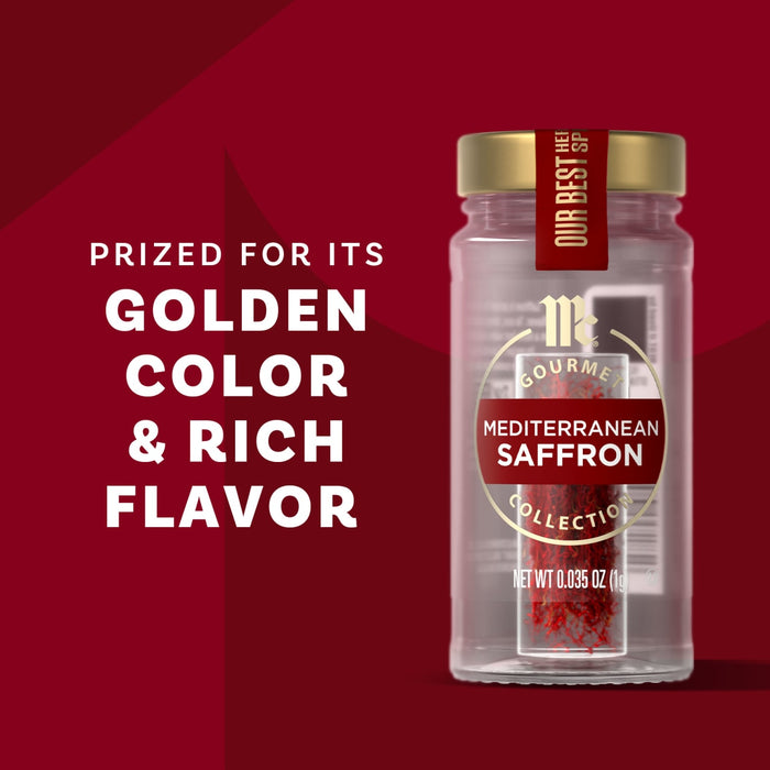A jar of Mccormick Gourmet Saffron 0.035 Oz is displayed against a red background, highlighted with text stating 'PRIZED FOR ITS GOLDEN COLOR &amp; RICH FLAVOR'.
