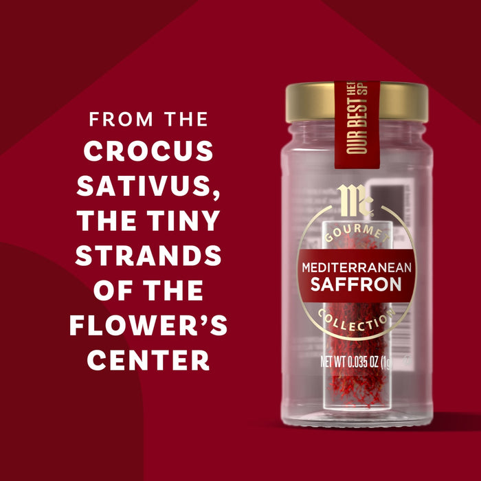 A jar of Mccormick Gourmet Saffron 0.035 Oz is shown with text explaining saffron comes from the tiny strands of the Crocus Sativus flowers center, all on a red background.