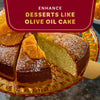 The image showcases an olive oil cake, highlighting its potential to enhance desserts.