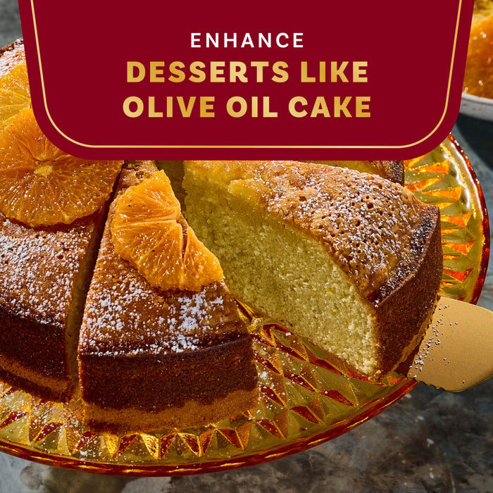 The image showcases an olive oil cake, highlighting its potential to enhance desserts.