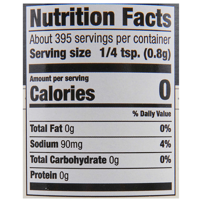 ['Nutrition facts label for a product with 0 calories per serving.']
