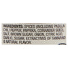 ['A list of ingredients for a spice blend, including pasilla chili pepper, paprika, coriander seed, salt, brown sugar, onion, citric acid, garlic, sugar, extractives of tamarind, and natural flavor.']
