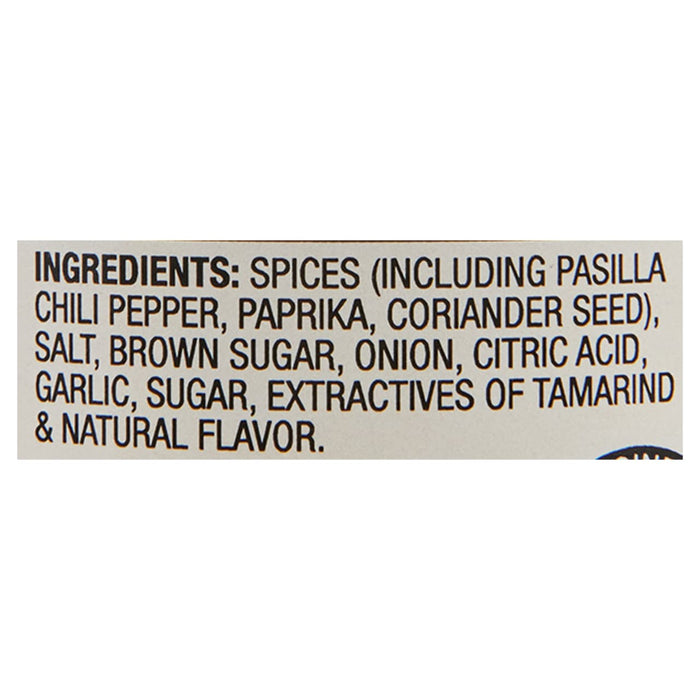 ['A list of ingredients for a spice blend, including pasilla chili pepper, paprika, coriander seed, salt, brown sugar, onion, citric acid, garlic, sugar, extractives of tamarind, and natural flavor.']