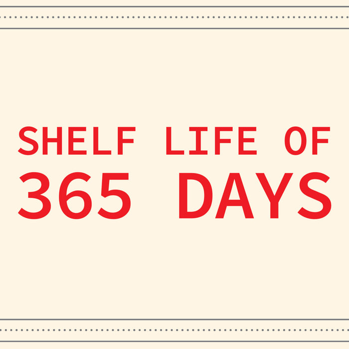 ['A red graphic that says Shelf Life of 365 Days.']