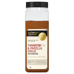 ['McCormick Culinary Tamarind &amp; Pasilla Chile Seasoning jar with a black lid.']
