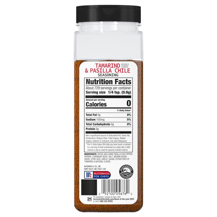 ['A McCormick for Chefs spice jar with a label for Tamarind &amp; Pasilla Chile seasoning.']