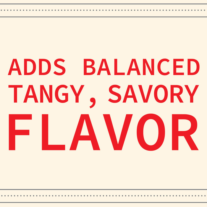 ['A red text graphic that reads Adds balanced tangy, savory flavor']