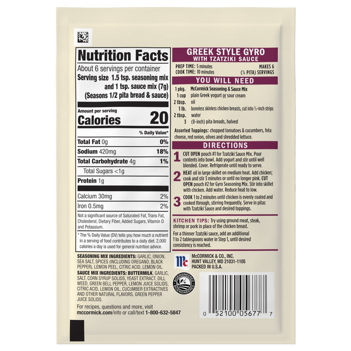 McCormick Greek Style Gyro with Tzatziki Sauce seasoning mix package with nutrition facts and directions.