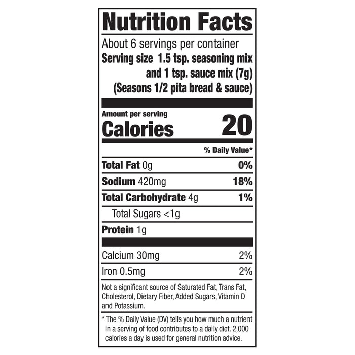 Nutrition facts label for a seasoning mix and sauce.