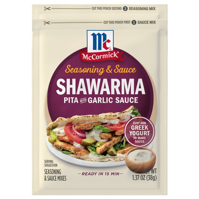 McCormick Shawarma Pita Seasoning &amp; Sauce Duo with Garlic Sauce package with a serving suggestion of a pita with chicken, tomatoes, onions, and cucumber.