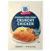 McCormick Cheddar Fried Onion Crunchy Chicken seasoning mix package with a serving suggestion of chicken, mashed potatoes and broccoli.