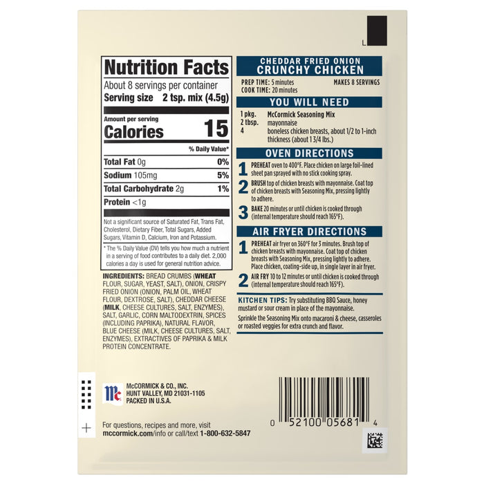 McCormick Cheddar Fried Onion Crunchy Chicken Seasoning Mix package with nutrition facts and cooking instructions.