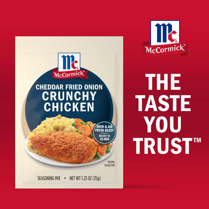 McCormick Cheddar Fried Onion Crunchy Chicken package promotes the taste you trust.