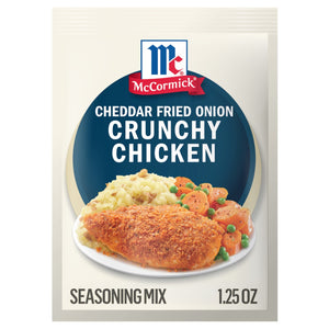 A packet of McCormick Cheddar Fried Onion Crunchy Chicken Seasoning Mix is displayed.