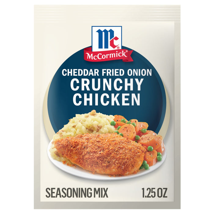 A packet of McCormick Cheddar Fried Onion Crunchy Chicken Seasoning Mix is displayed.