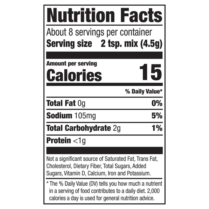 Nutrition facts label for a product with 15 calories per serving.