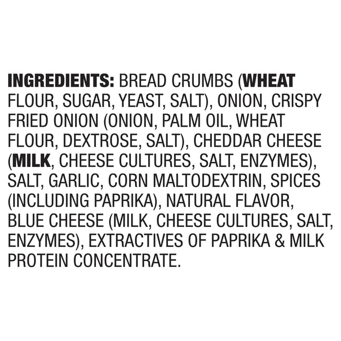 A list of ingredients for a product, including bread crumbs, cheese, and spices.