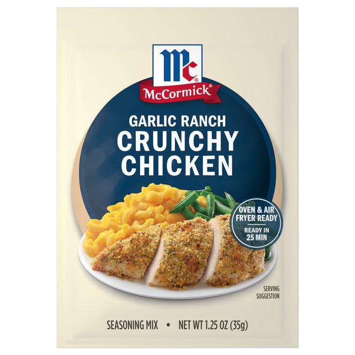 McCormick Garlic Ranch Crunchy Chicken seasoning mix package with a serving suggestion of chicken, mac and cheese, and zucchini.
