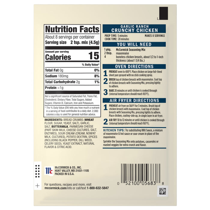 McCormick Garlic Ranch Crunchy Chicken Seasoning Mix package with nutrition facts, ingredients, and cooking instructions.