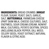 A list of ingredients for a product, including bread crumbs, buttermilk, parmesan cheese, sour cream, and spices.