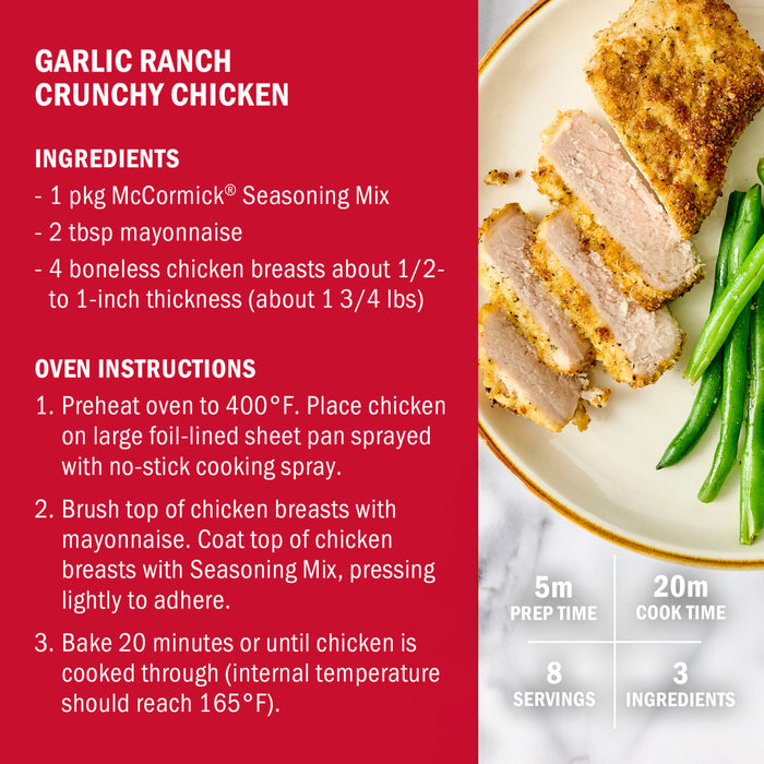 Recipe card for Garlic Ranch Crunchy Chicken featuring McCormick Seasoning Mix.