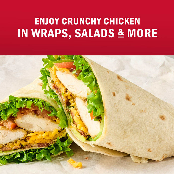 Enjoy a delicious wrap with crunchy chicken, lettuce, tomato, and cheese.